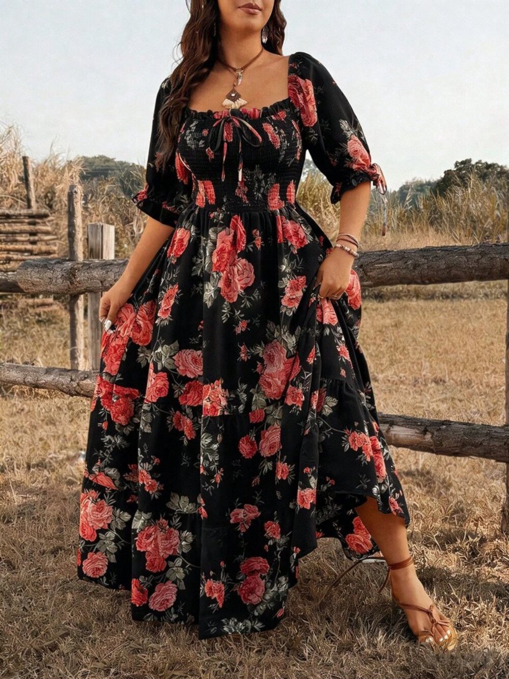 Black Boho Women's short Sleeve floral A-Line Maxi Dress - Picture 5 of 7